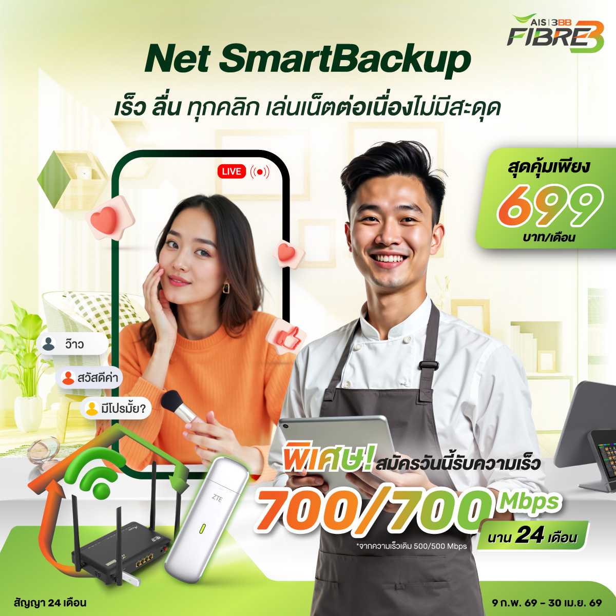 โปรโมชั่น Net SmartBackup อัปสปีด 700/700 Mbps ราคา 699 บาทต่อเดือน